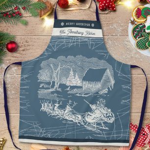 Vintage Slate Blue Santa Sleigh Reindeer Christmas Apron