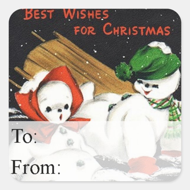 Vintage Sledding Snow People Gift Tag (Front)