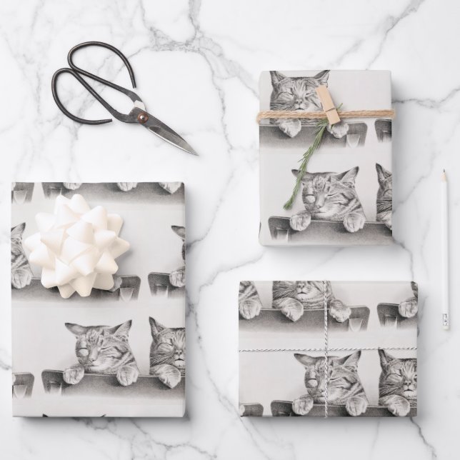 Vintage Sleeping Cats Lithograph, 1874 Wrapping Paper Sheet (Front)