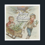 Vintage Sleigh Ride Christmas Tree Napkins<br><div class="desc">Elegant napkins featuring a snowy sleigh ride scene with a girl carrying a Christmas tree. Add Merry Christmas and your family name for a warm festive detail.</div>