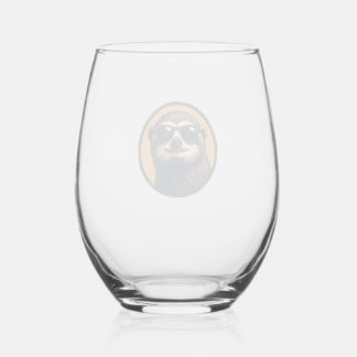 Vintage Sloth Sunglasses Retro Badge Art 2 Stemless Wine Glass