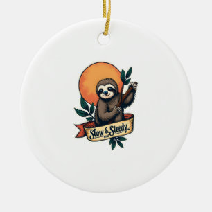 Vintage Sloth T-Shirt Slow and Steady Humor Design Ceramic Tree Decoration