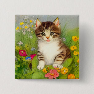 Vintage Smiling Cat Illustration 15 Cm Square Badge