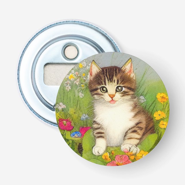 Vintage Smiling Cat Illustration Bottle Opener (Front)