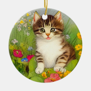Vintage Smiling Cat Illustration Ceramic Tree Decoration