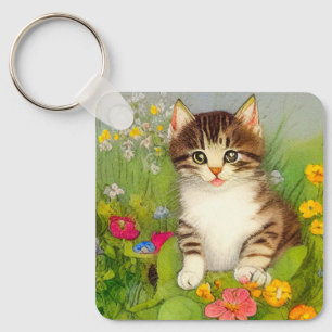 Vintage Smiling Cat Illustration Key Ring