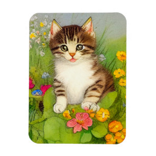 Vintage Smiling Cat Illustration Magnet