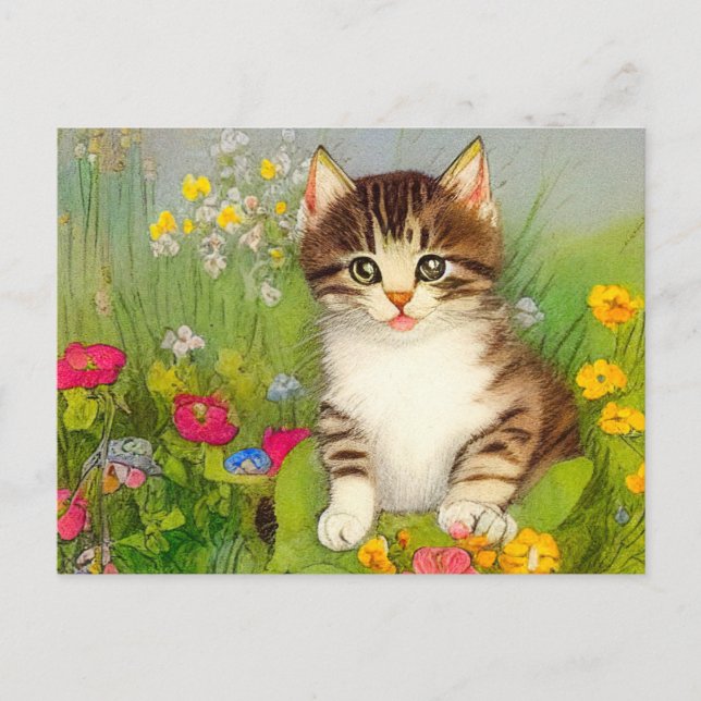 Vintage Smiling Cat Illustration Postcard (Front)