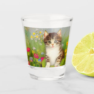 Vintage Smiling Cat Illustration Shot Glass