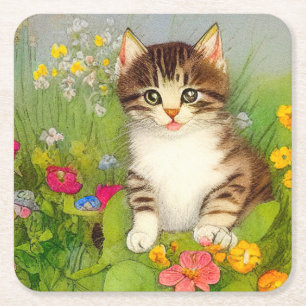 Vintage Smiling Cat Illustration Square Paper Coaster