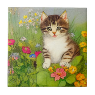 Vintage Smiling Cat Illustration Tile