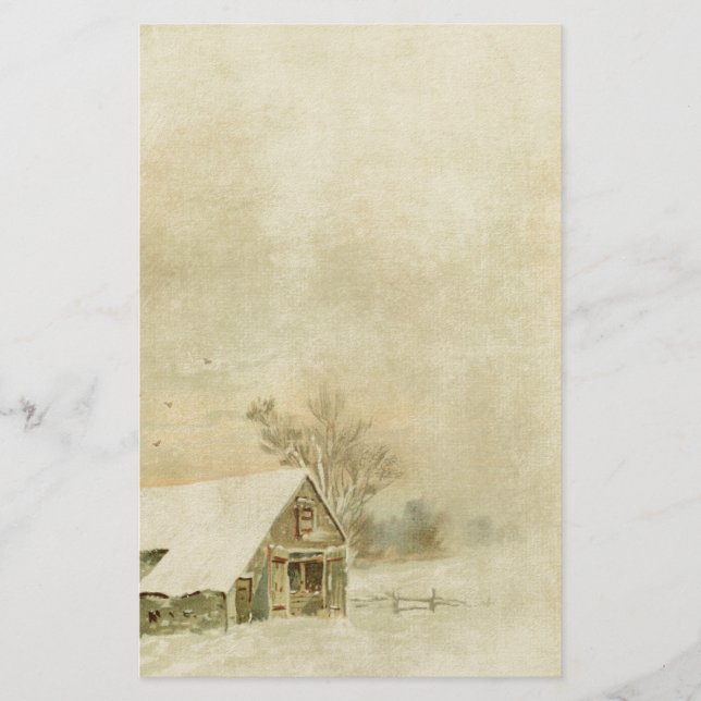 Vintage Snow Barn in Winter Background Stationery (Front)
