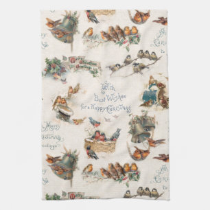 Vintage Snow Birds and Christmas Greetings Tea Towel