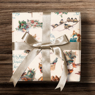 Vintage Snow Birds and Christmas Greetings Wrapping Paper
