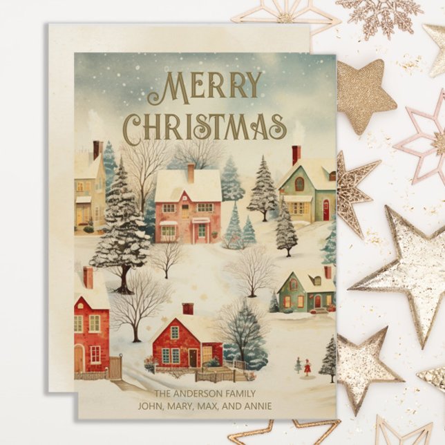 Vintage Snow Covered Village Merry Christmas Holiday Card (Vintage old-time snowy village "Merry Christmas" greeting card personalized with your own text.)