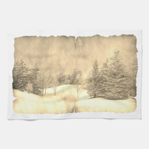 Vintage snow evergreen winter scene on parchment tea towel