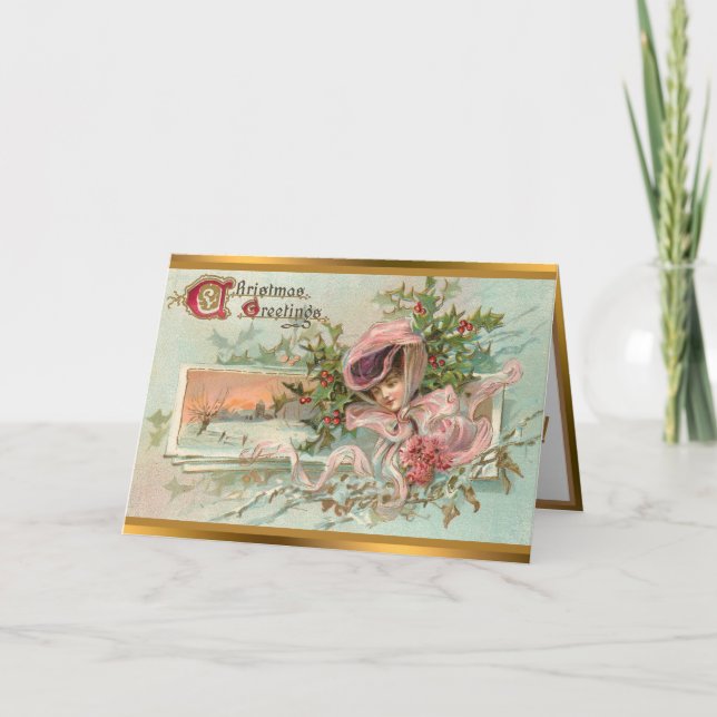 Vintage Snow Lady And Christmas Mistletoe Holiday Card (Front)