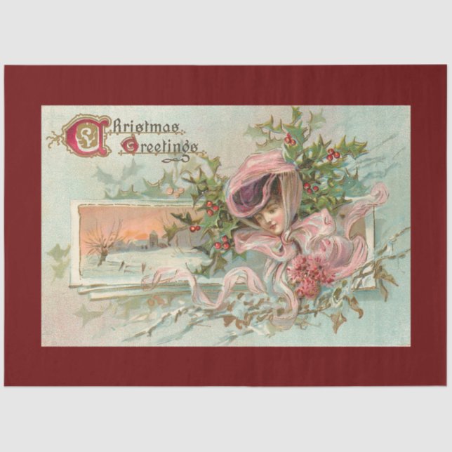 Vintage Snow Lady And Christmas Mistletoe Tissue Paper (Front)