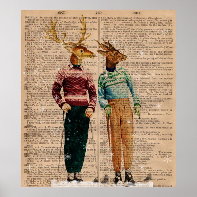 Vintage Snow Ski Deer Dictionary Page Art Poster (Front)