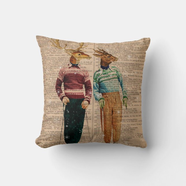 Vintage Snow Ski Deer Dictionary PagePillow Cushion (Front)