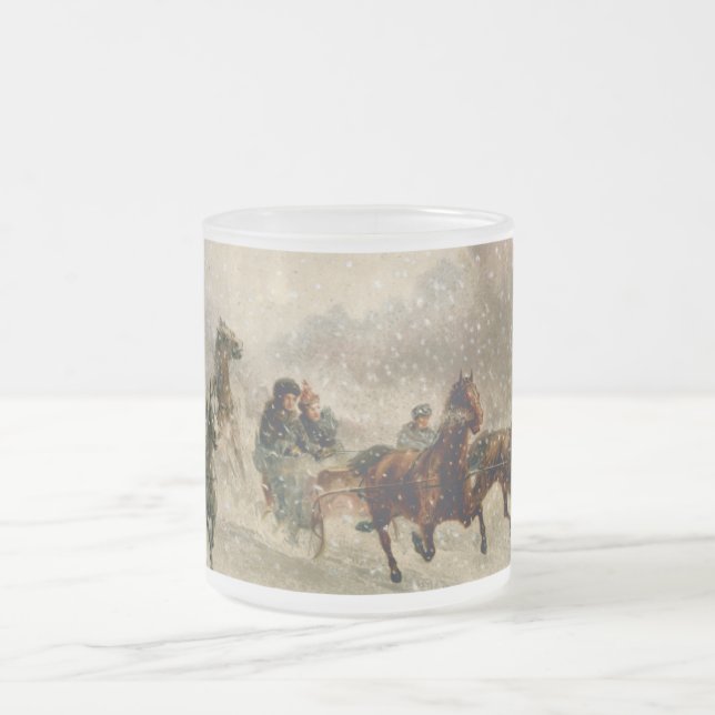 Vintage Snow Sleigh racing Frosted Glass Coffee Mug (Center)