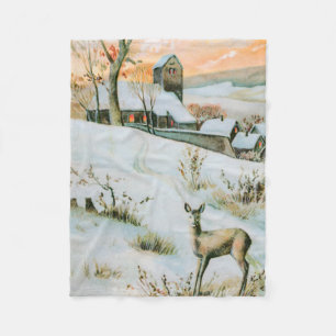 Vintage snow winter landscape with deer fleece blanket