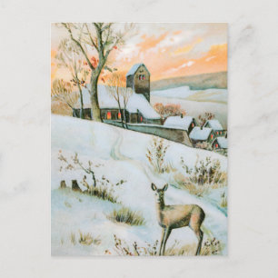 Vintage snow winter landscape with deer holiday postcard