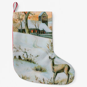 Vintage snow winter landscape with deer small christmas stocking