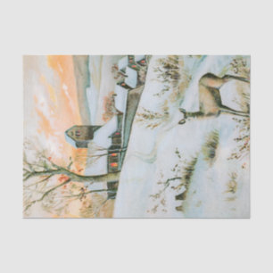 Vintage snow winter landscape with deer tissue paper