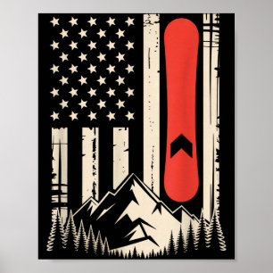 Vintage snowboard mountain american flag design poster