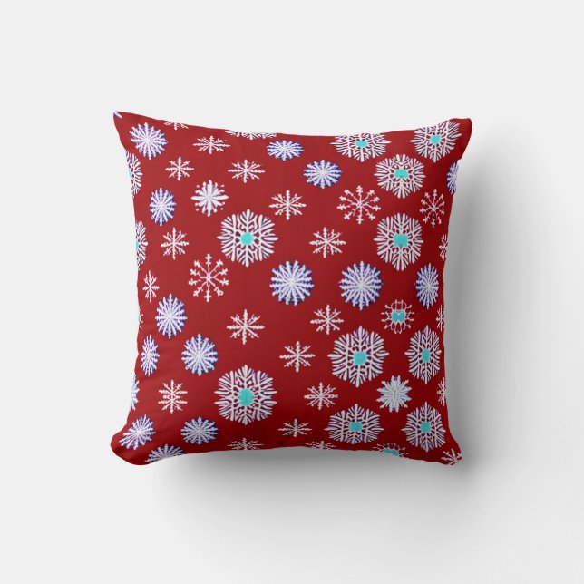 Vintage Snowflakes on Red Cushion (Front)