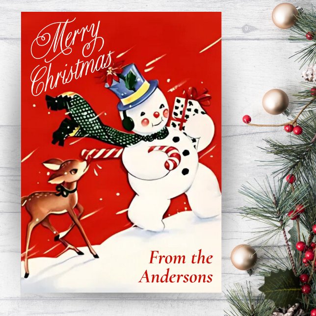 Vintage Snowman And Deer Custom Christmas Holiday Card (Vintage Snowman And Deer Custom Christmas Holiday Card)