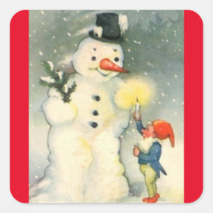 Vintage Snowman And Elf Square Sticker