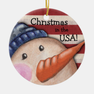 Vintage Snowman and USA Flag for Christmas Ceramic Tree Decoration