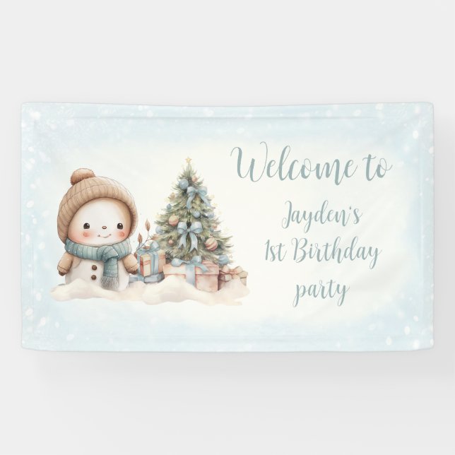 Vintage Snowman Blue Christmas 1st Birthday Banner (Horizontal)
