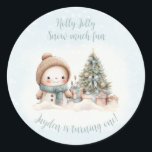 Vintage Snowman Blue Christmas 1st Birthday Classic Round Sticker<br><div class="desc">Cute Christmas Birthday stickers with an adorable snowman and Christmas tree in blue with vintage vibes. Easily personalise the text. You can use it not just for 1st Birthday. :) - Kate Eden Art</div>