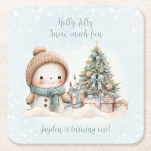 Vintage Snowman Blue Name Christmas 1st Birthday Square Paper Coaster