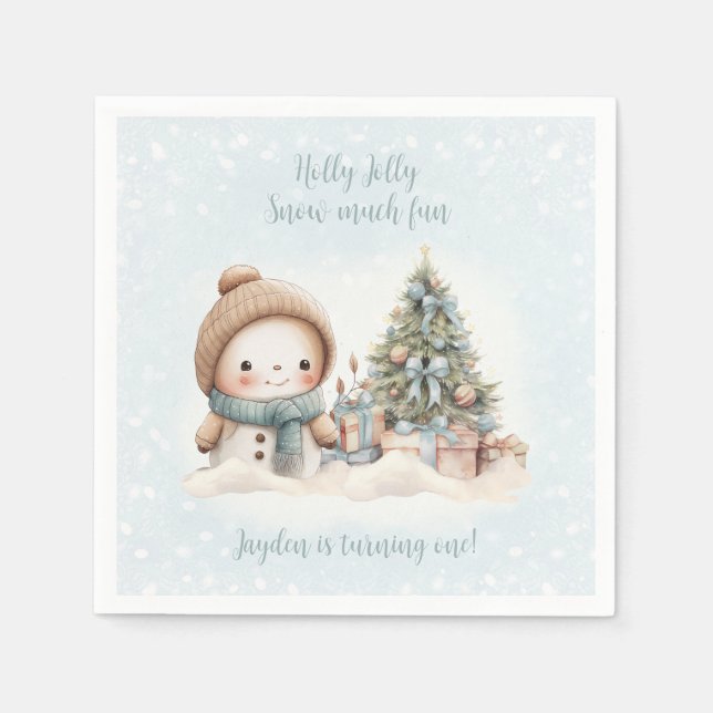 Vintage Snowman Boy Blue Christmas 1st Birthday Napkin (Front)