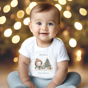 Vintage Snowman Boy Blue First Christmas Name Baby T-Shirt