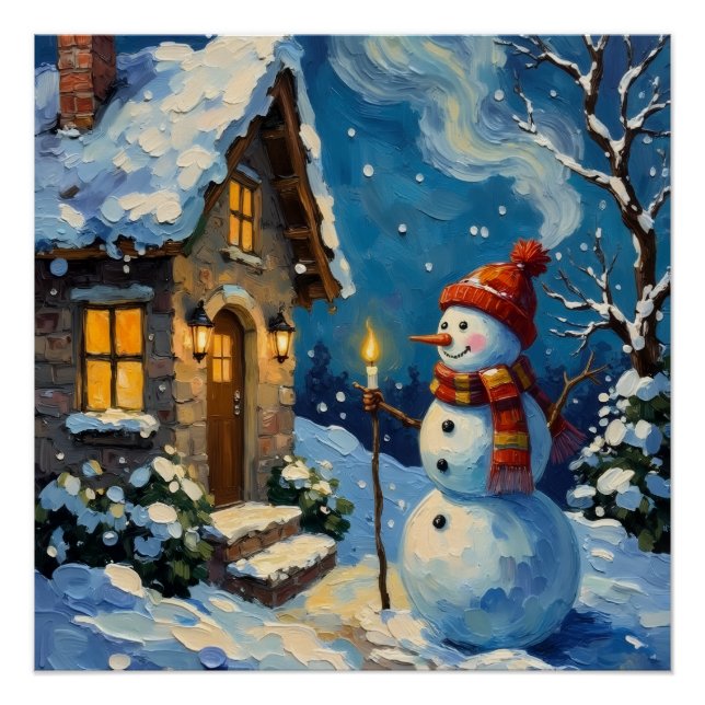 Vintage Snowman by Candlelit Christmas Cottage Poster (Front)