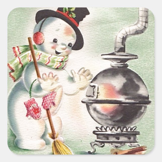 Vintage Snowman By The Wood Stove Square Sticker (Front)