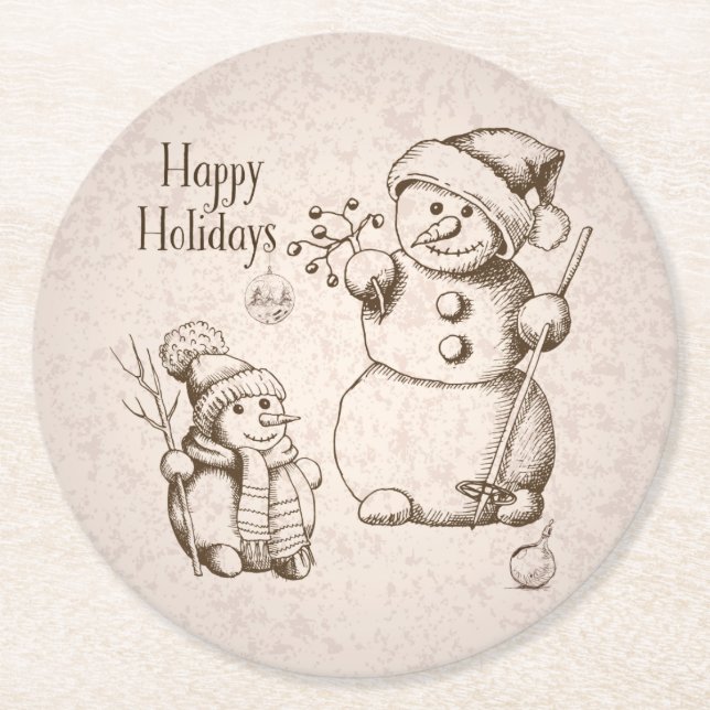 Vintage Snowman Christmas and Holiday Round Paper Coaster (Front)