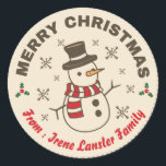 Vintage Snowman Christmas Classic Round Sticker<br><div class="desc">Vintage retro christmas sticker with snowman</div>