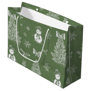 Vintage Snowman Christmas Toile Sage Green White Large Gift Bag
