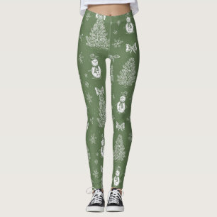 Vintage Snowman Christmas Toile Sage Green White Leggings