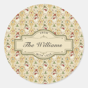 Vintage Snowman & Christmas Tree Custom Classic Round Sticker