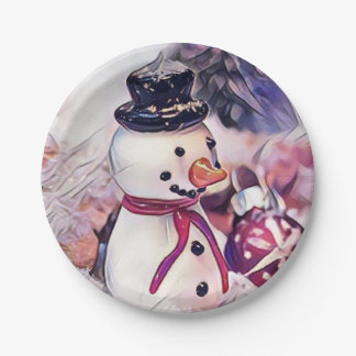 Vintage Snowman in the Snow Drawing  Paper Plate