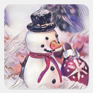 Vintage Snowman in the Snow Drawing  Square Sticker