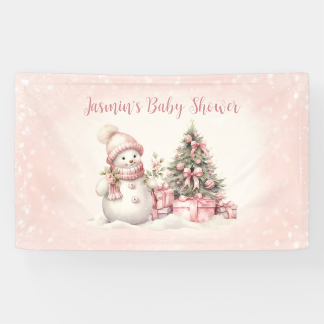 Vintage Snowman Pink Christmas Girl Baby Shower Banner (Horizontal)