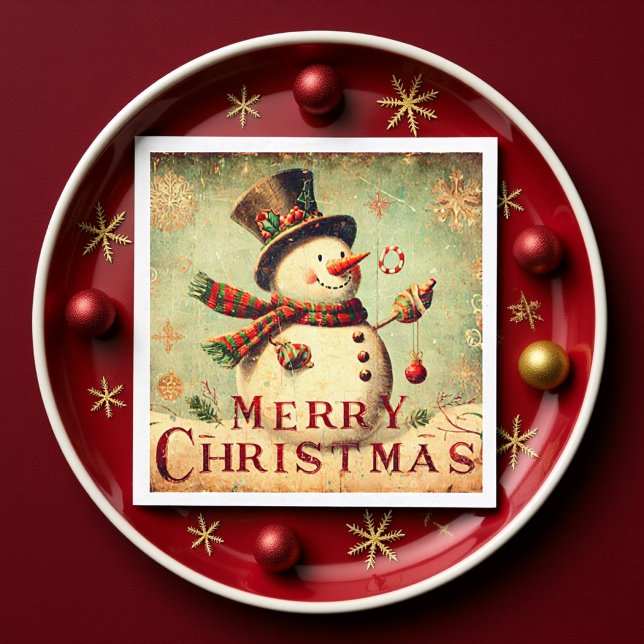 Vintage Snowman Rustic Red and Green Holidays Napkin (Vintage Snowman Rustic Red and Green Holidays Napkins)